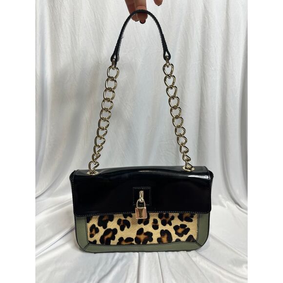 AB Bellucci Leopard Patent Leather Shoulder Bag Chain Strap Green Black NWOT - Picture 1 of 9